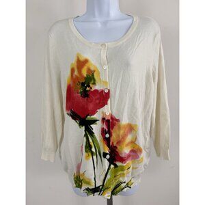 JOSEPH A. Ivory Rayon Blend With Floral Print 3/4 Sleeve Cardigan Sweater Sz XL